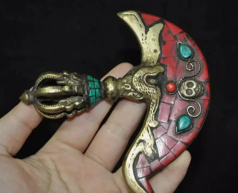 

Tibetan Buddhism bronze turquoise Vajra Dorje Phurpa Exorcism Talisman ax statue