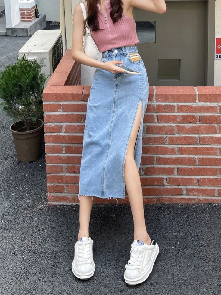 

2025 High Waist Denim Skirt Women Vintage A Line Midi Long Skirt Side Slit Frayed Hem Office Bodycon Stretch Casual Chic Elegant