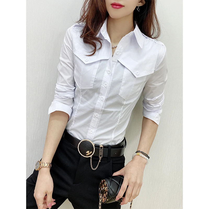 2024 New Fall Winter European Clothes Shirts Office Lady Pockets Blouses Fashion Sexy Button Up Women\'s Long Sleeve Tops 311127