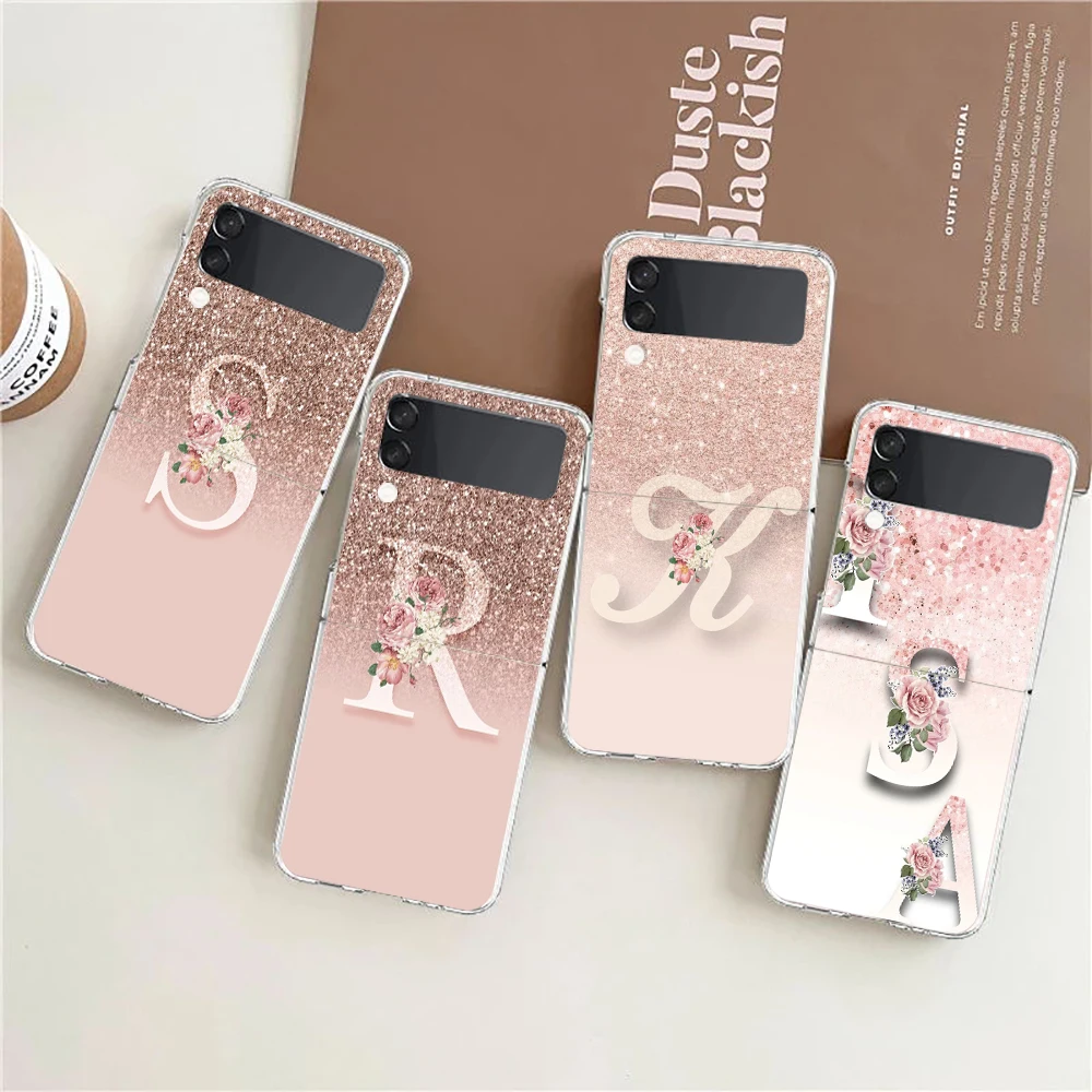 

Pink Flower Letters Phone Case For Samsung Galaxy Z Flip 6 ZFlip 5 Hard Folding Cover for Samsung ZFlip 4 3 7 Back Shell Fundas