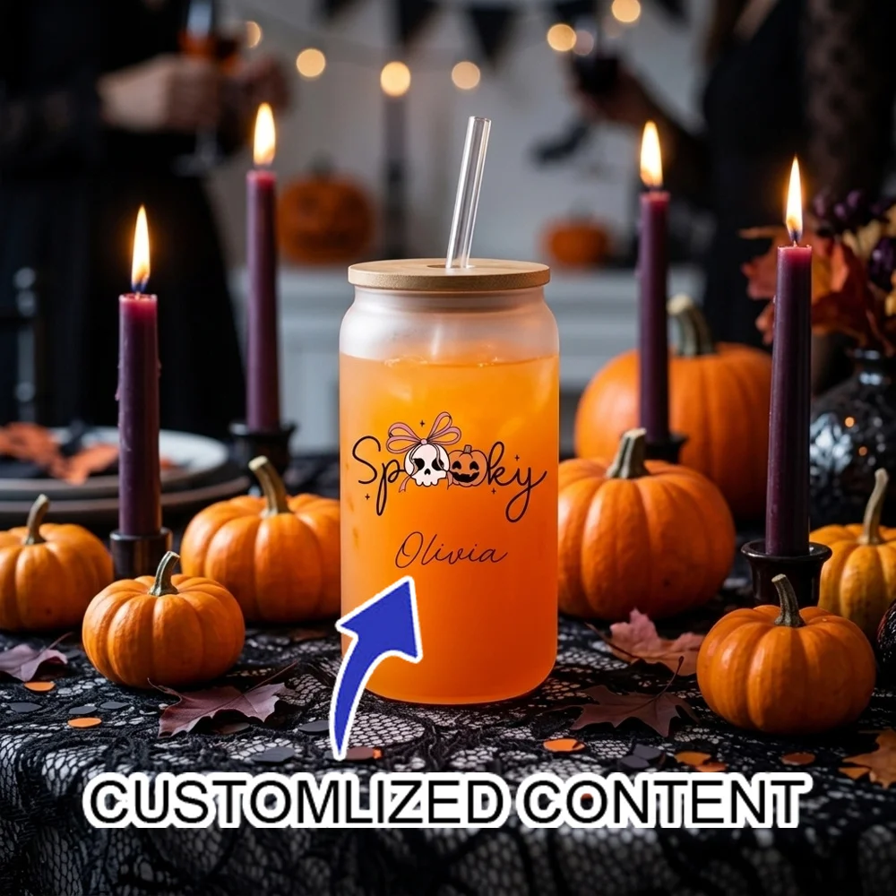 Custom Name Spooky Halloween Glass Cup with Bamboo Lid Straw,Clear & Frosted 2‑Styles Reusable Iced Coffee Drinking Cup