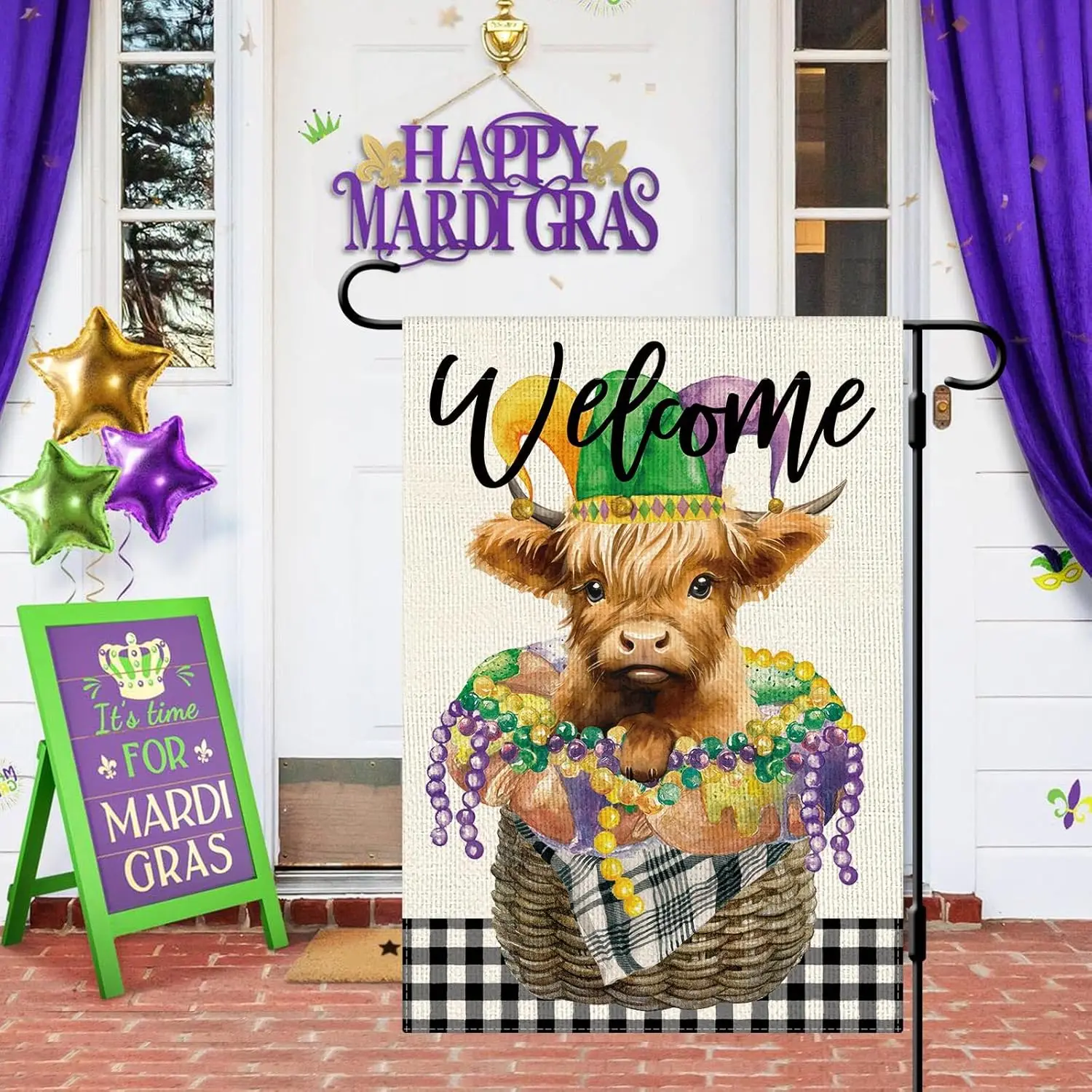 DLZDN Mardi Gras Highland Cow Garden Flag New Orleans Carnival Garden Flag 12×18 Inch Double Sided Vertical Burlap Farmhouse uui