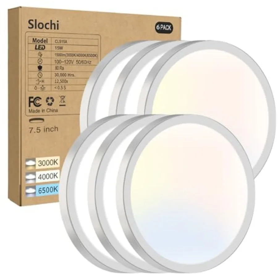 

Набор из 6 потолочных светильников с плоским креплением, 7,5 дюймов, ультратонкие, 3000K-4000K-6500K, светодиодные, круглые, для спальни