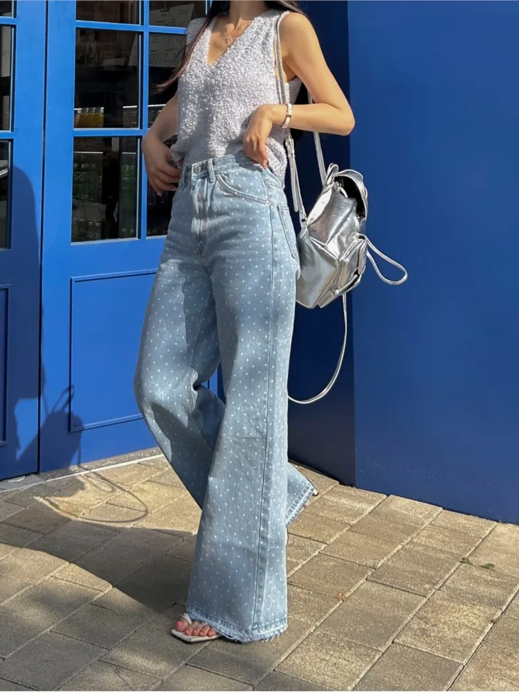 Jeans Autumn Long Pant Women Polka Dot Print Fashion Fringe Ladies Trousers High Waist Pleated Loose Casual Woman Pants 2023