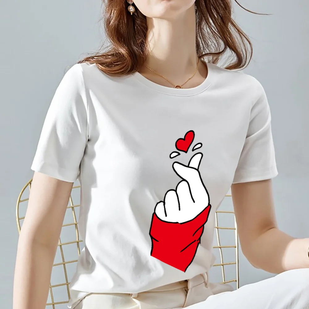 Fashion Women\'s Casual White T-shirt Color Gesture Love Printing Series Shirt O Neck Comfortable Slim Top Ladies Soft Clothing