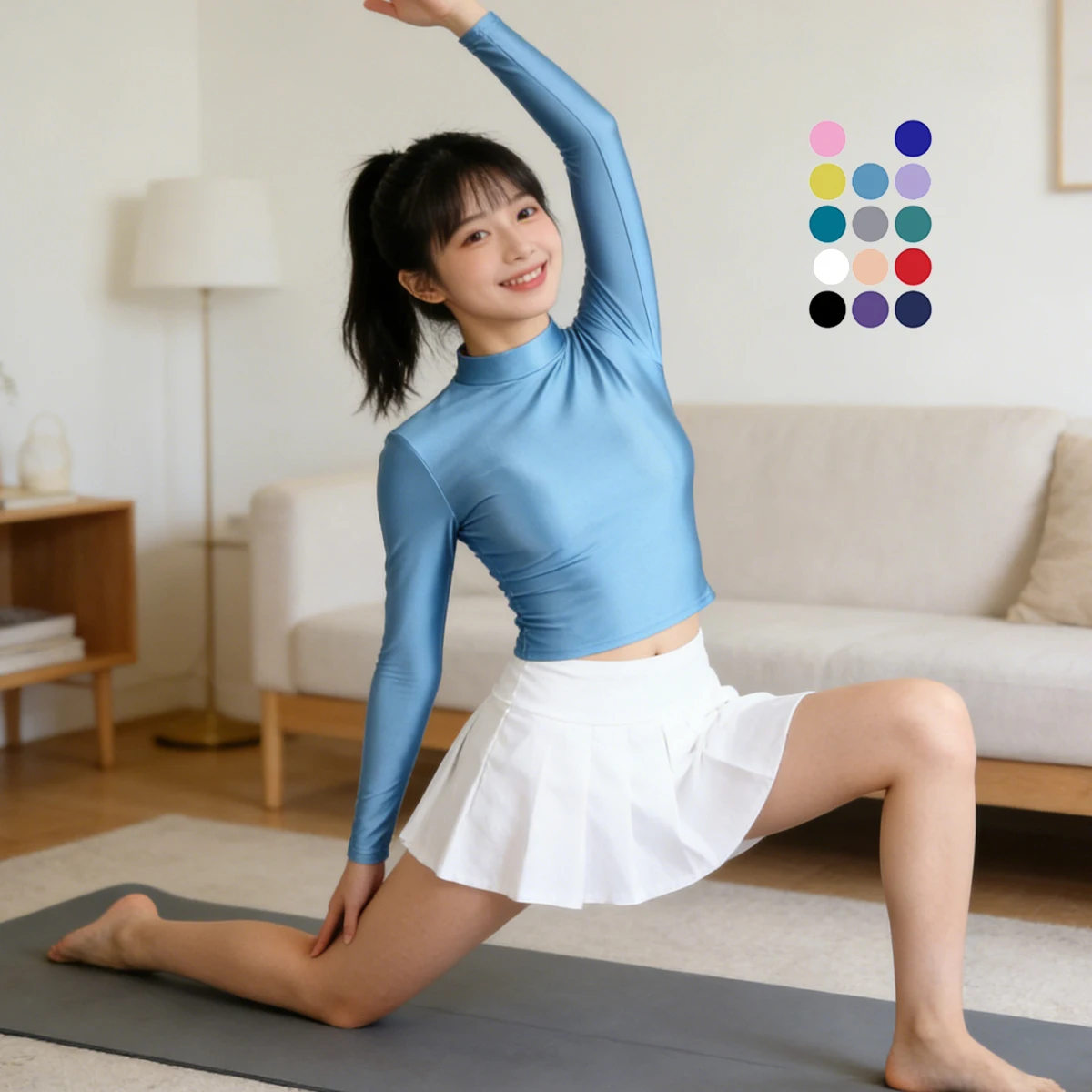 

MJINM Glossy Silk Smooth Stretch Sporty Tops Yoga Pilates Fitness Undershirt Sleek Short Style High Neck Tight Gymnastic T-shirt