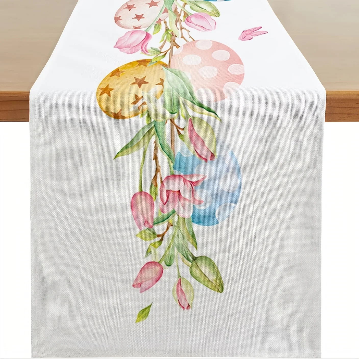 1 Stück Osterei-Tischläufer mit Blumenmuster, 2D-Einzeldruck, Aquarell, Heimdekoration, elegantes Accessoire, festlich, funktionell, mit Feiertagsmotiv
