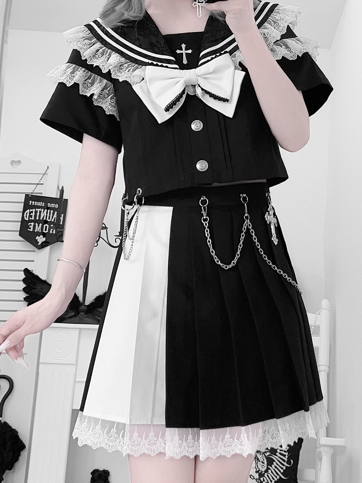 ญี่ปุ่นMineกระโปรง + ชิ้นชุดSubculture Black GothicสาวหวานCool Lolitaชุดลูกไม้Navy Collar Topชุดกระโปรง