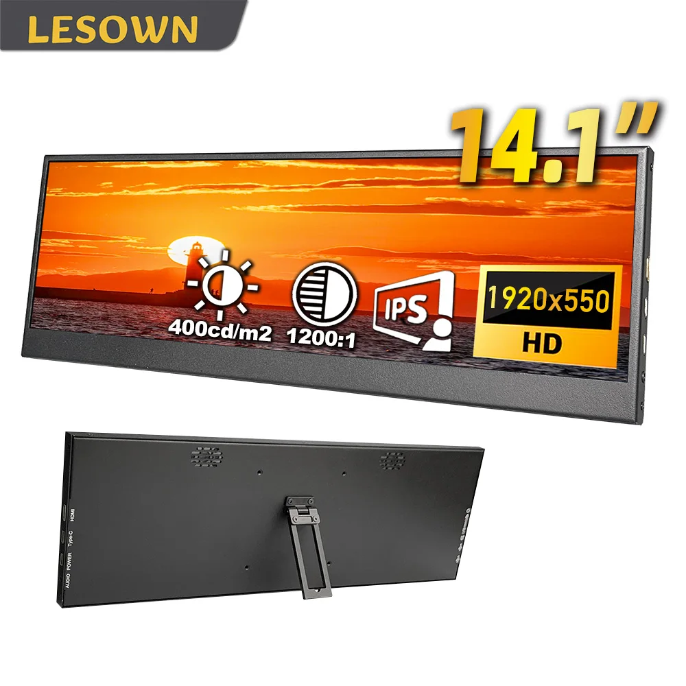 

Портативный монитор LESOWN 14,1 дюйма с вытянутым экраном 1920x550, USB-C, HDMI, внешний монитор для Mac/ПК/телефона