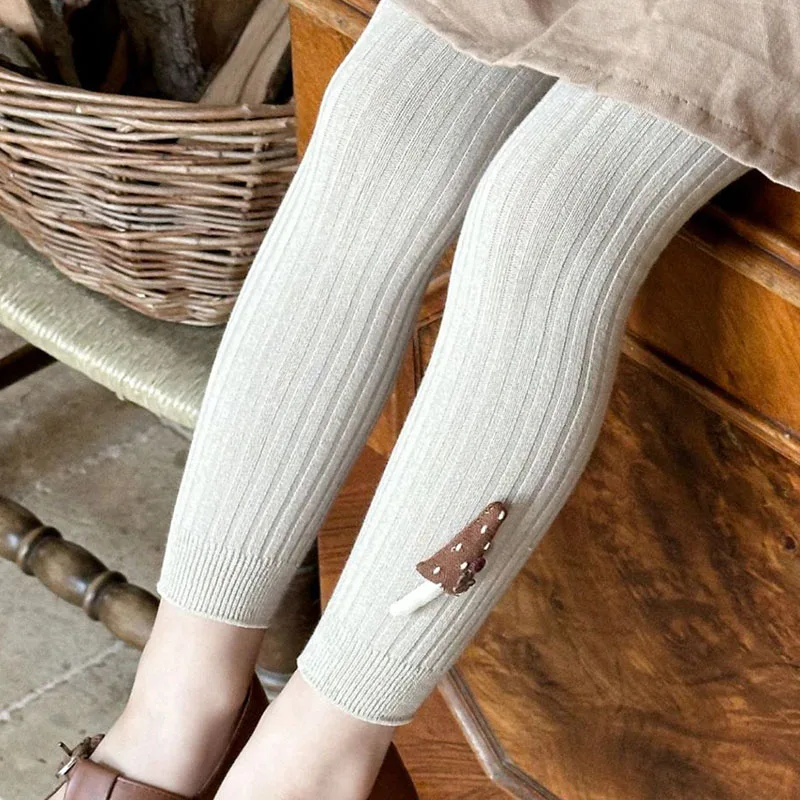 Autumn Baby Girls Leggings Ribbed Pants Cotton Solid Toddler Kid Leggings With Mushroom Decor Casual Pants Kids Outfits Trousers