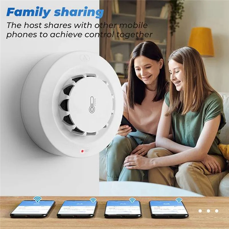 Detector de humo inteligente Tuya con wifi y Bluetooth, monitoreo de temperatura y humedad alarma de 80Db, notificaciones remotas 4 Uds