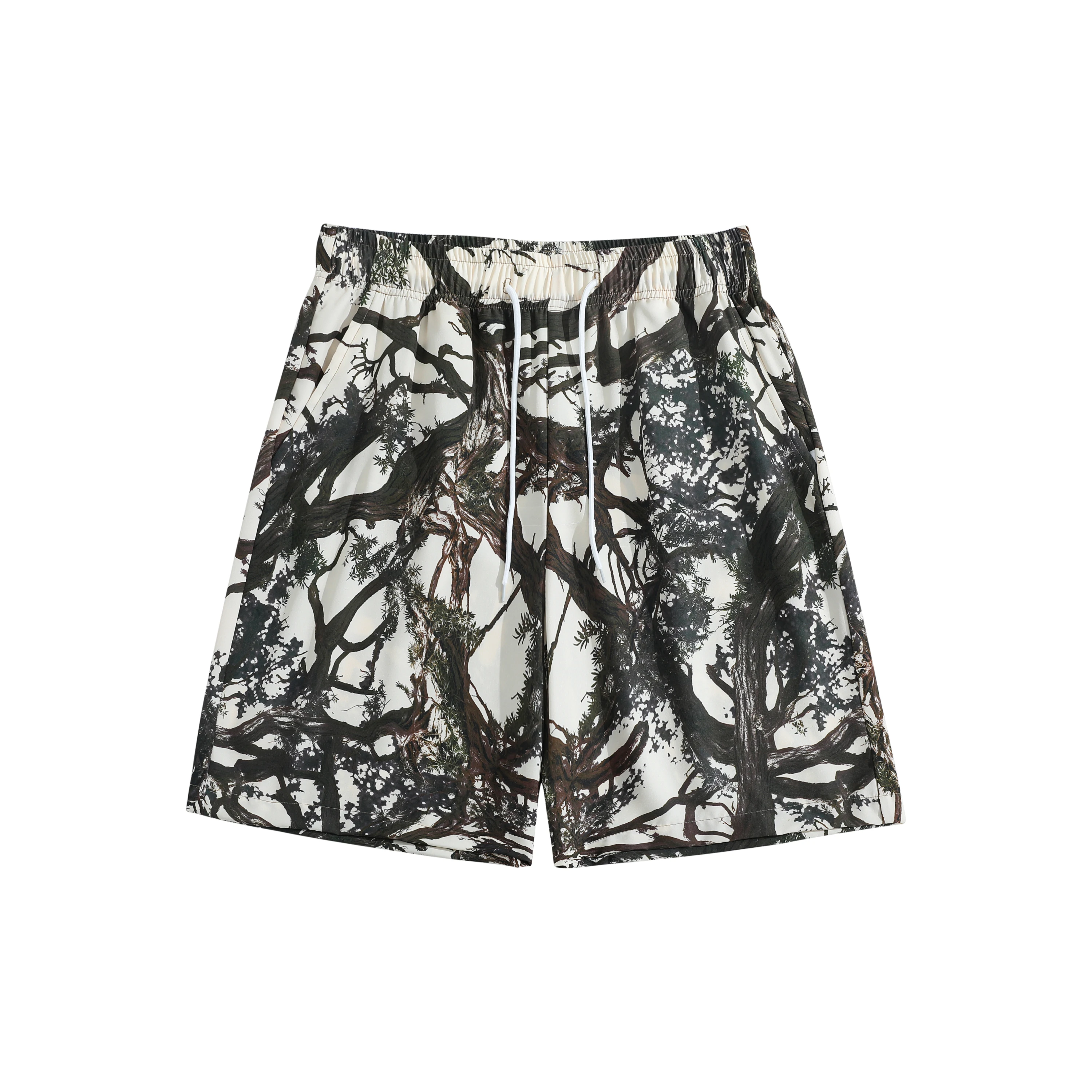 

Mens Casual Shorts Interwoven Black Tree Pattern White Base Contrast Elastic Drawstring Waist Loose Fit Minimalist Nature Pants