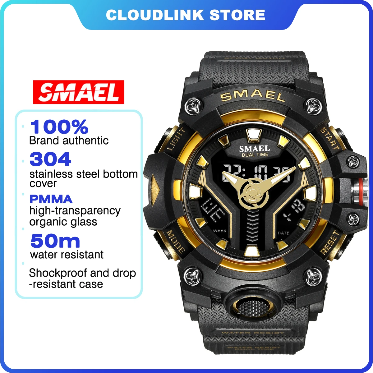 SMAEL 8075 Men’s Dual Time Quartz Analog Digital Sports Water Proof Watch