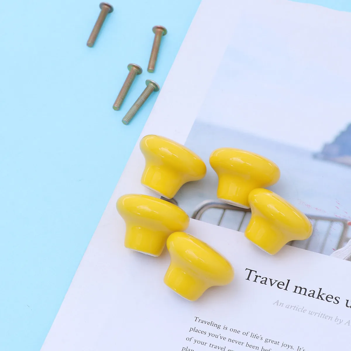 5Pcs Round Ceramic Pull Knobs Yellow Size S 24Mm Height Width for Kitchen Cupboard Cabinet Drawer Door Furniture Upgrade