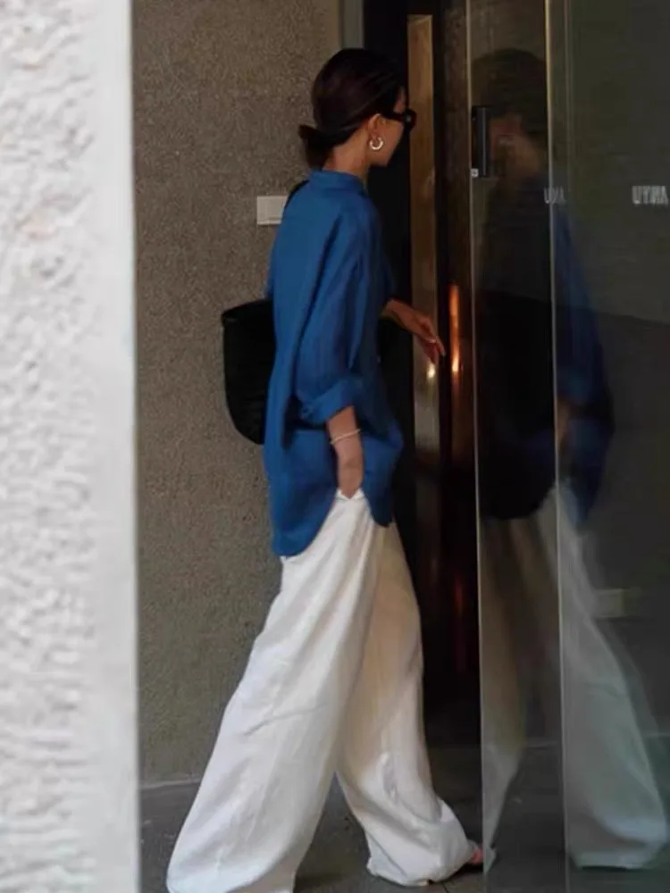 Niebieska lniana długa koszula damska o luźnym kroju, cienka, chroniąca przed słońcem, wygodna, jesienna, w stylu koreańskim, do pracy, modna.