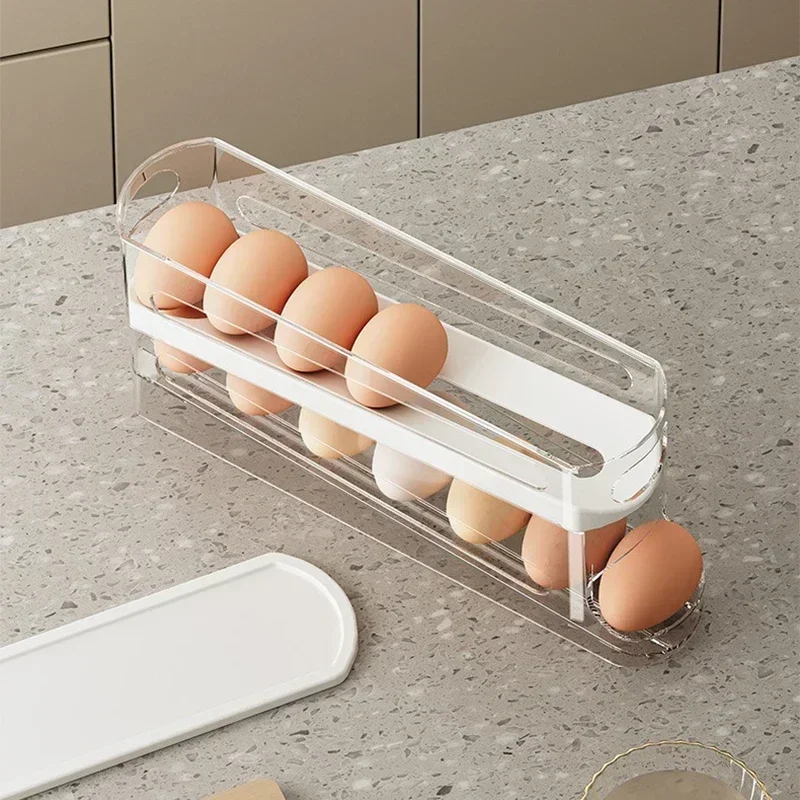 Bilayer Fridge Egg Storage Box Ladder Style Automatic Rolling Egg Holder Rack Refrigerator Dispenser Egg Organizer