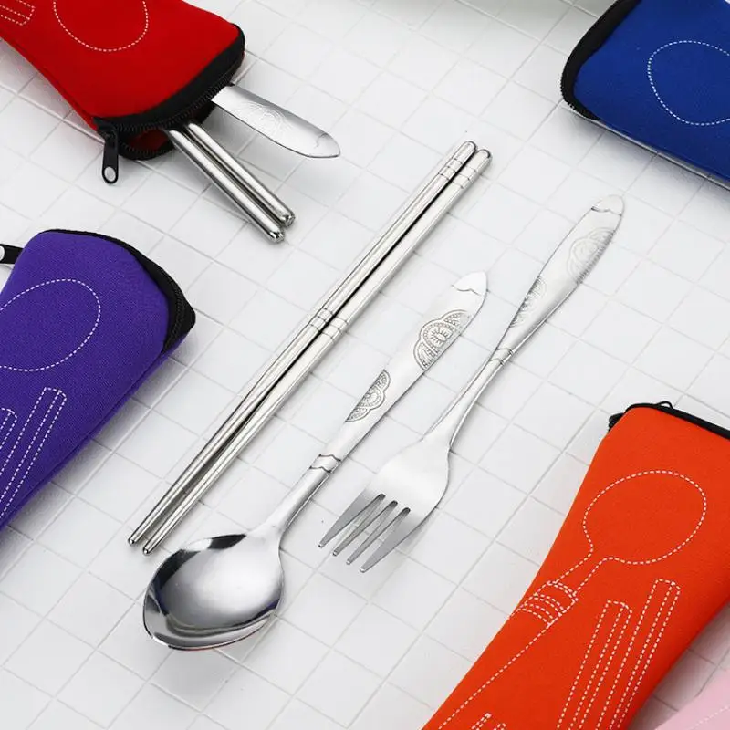 Portable Stainless Steel Cutlery Set With Case Reusable Fork Spoon Chopsticks For Travel And Camping Tableware Supplies
