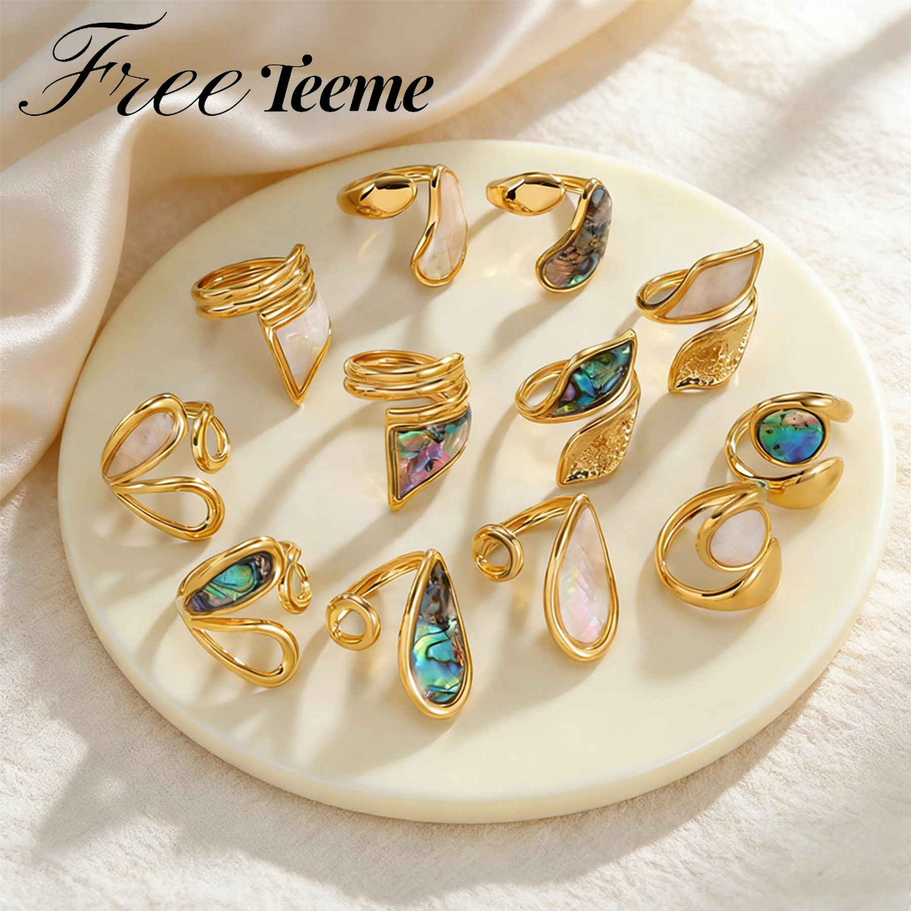 Freeteeme – divers anneaux géométriques irréguliers haut de gamme pour femmes, ensemble de coquilles en acier inoxydable, anneaux ouverts, accessoires polyvalents quotidiens