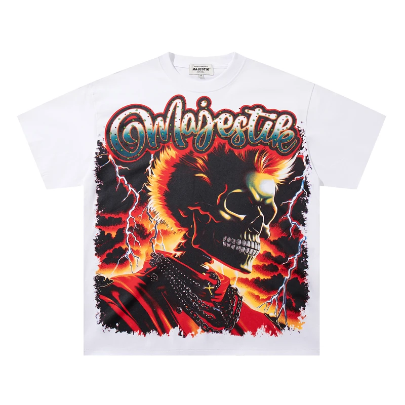 High Street Simple White MAJESTIK T-shirt Skeleton Pattern Hot Stamping Print Grind Rough Edges Majestik Short Sleeve