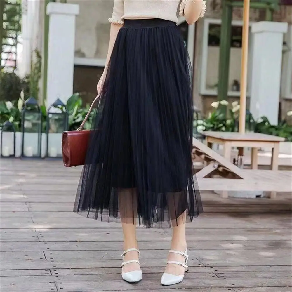 High Waist Women Tulle Skirt Women's Dress 3 Layers Mesh Skirt Long Dress Casual Ball Gown Pleated Skirt Summer Chic