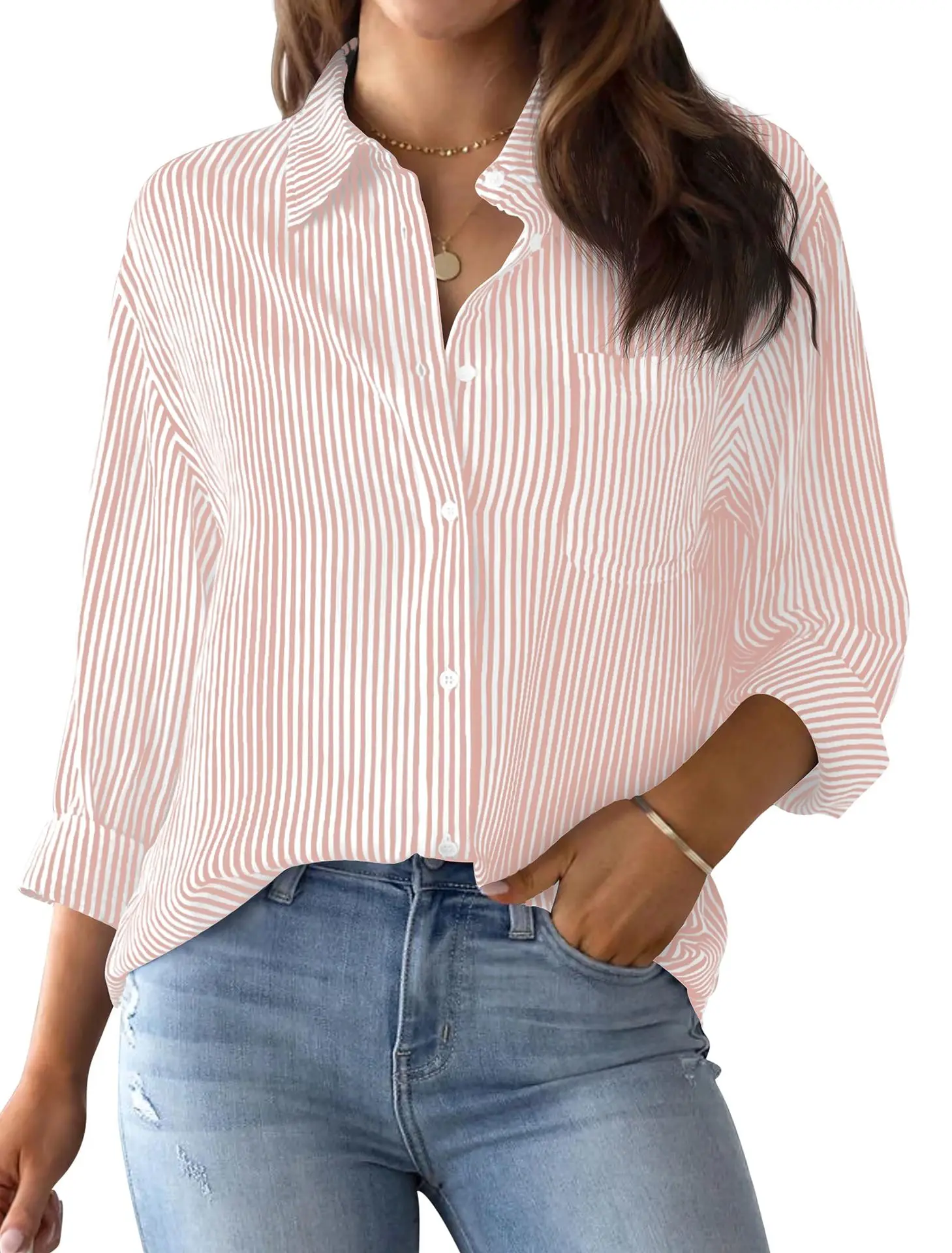 2025 New Women's Casual Shirt Comfortable Simple Striped Blue And White Classic Retro Spring And Autumn Long Sleeve Top