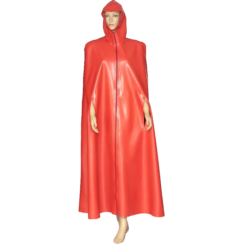 

Red Sexy Hoodies Latex Cloak With Arm Slit Full Zipper Rubber Robe Cape Jackets Top Plus Size 5XL 407