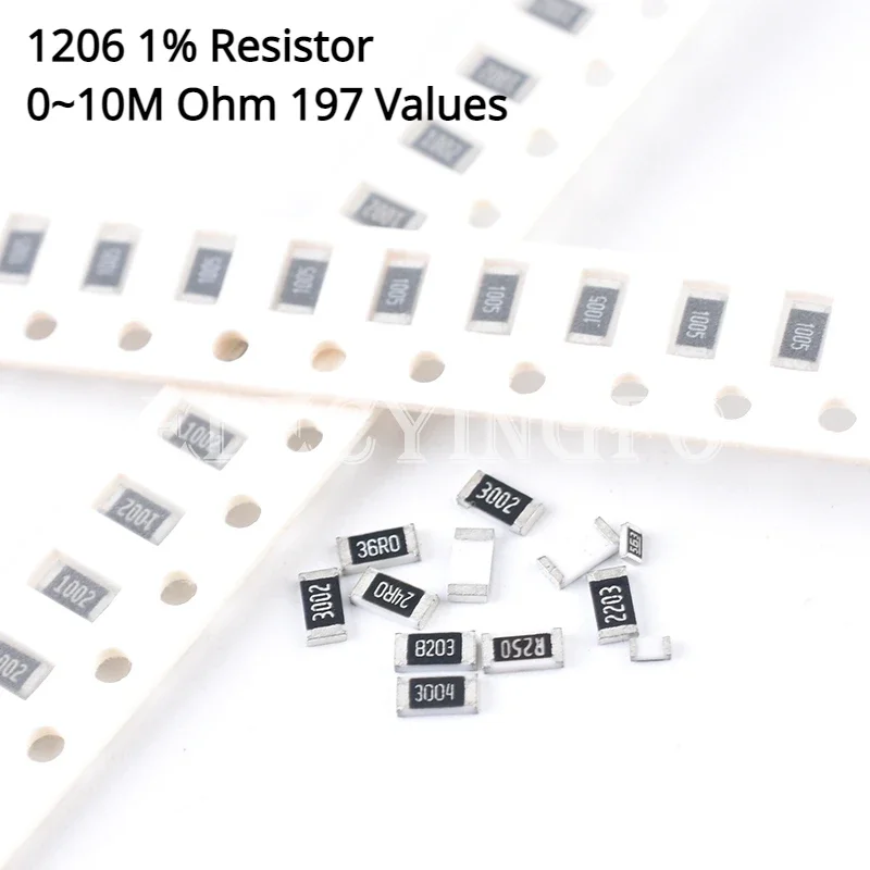 100 unids/lote 1206 0 ohm ~ 10M ohm resistencia SMD 1% 1/4W Chip montaje en superficie ROHS 0R ~ 10MR 0.1R/1R/4R7/47R/10R/1K/10K/1M/47K/1r69/4K64