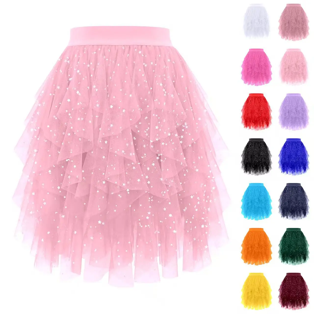 Skirt Asymmetric Sparkly Mesh High Waist Slimming Tutu Fluffy Tulle Layered A-line Skirts for Women Spring Summer