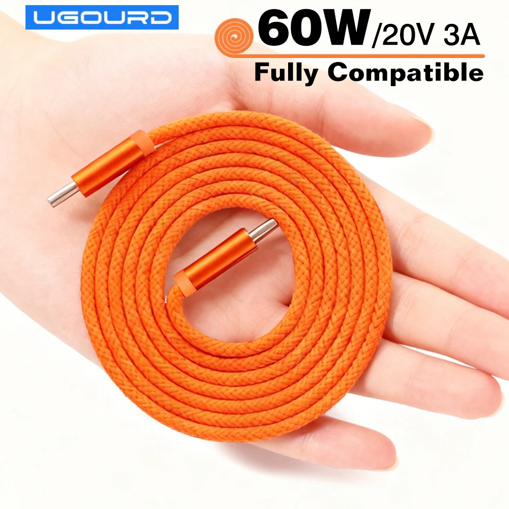

UGOURD 60W Type C to USB C Cable For iPhone 17 16 15 Rro MAX Fast Charging Charger Cord 3A For Samsung Huawei Xiaomi Orange Blue