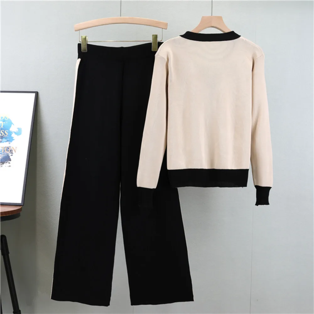 Women Autumn Casual New Slim Two Piece Set V-Neck Long Sleeve Knit Cardigan + High Waist Lace-up Wide Leg Pants Suits Outfits