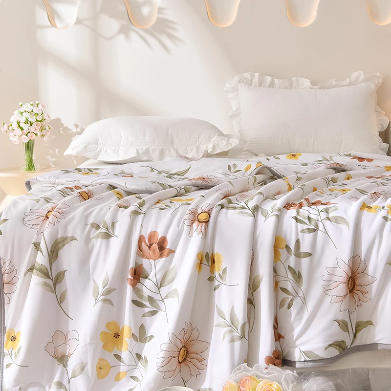 Fresh Floral Quilt Soft Breathable Cooling Air Conditioning Thin Comforter Botanical Flowers Pattern Bedding for Women Girls