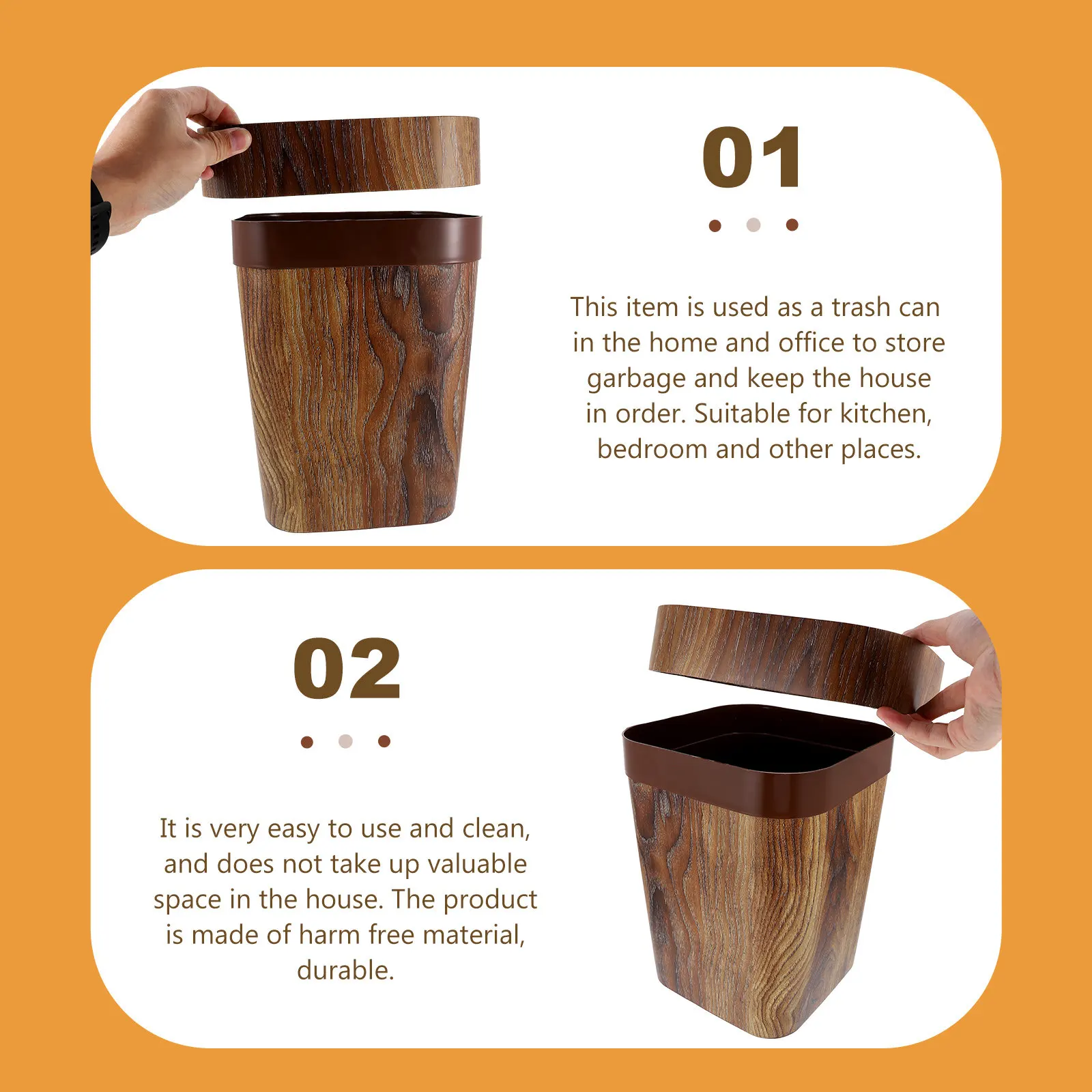 

Wood Grain Plastic Trash Can 13 Gallon Large Capacity Household Waste Bin for Kitchen Bedroom Living Room Office Simple Stylish