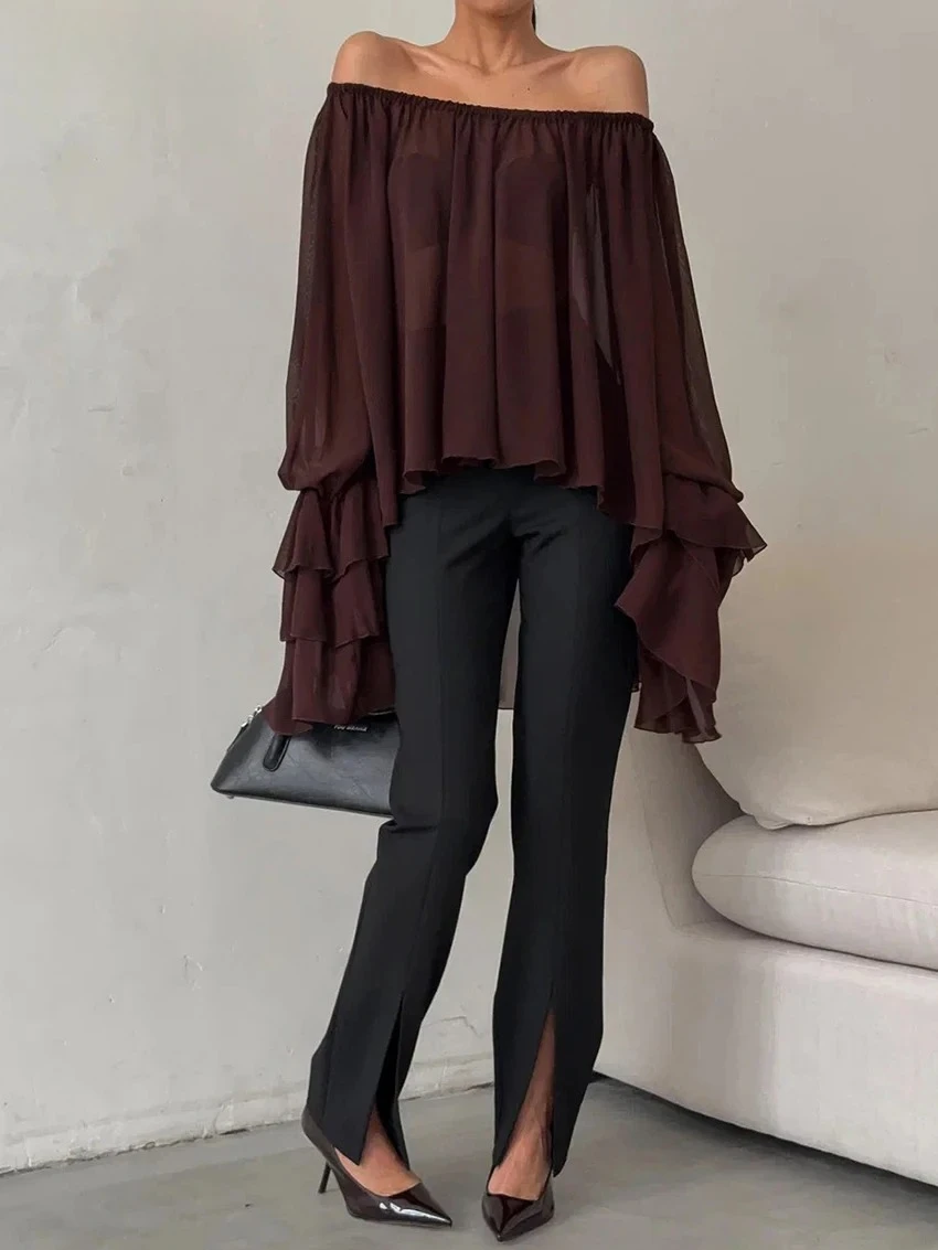 أزياء فضفاضة النبيذ الأحمر المرأة قميص مثير مائل الرقبة قمصان طويلة الأكمام أنيقة الكلاسيكية مطوي قمم الملابس النسائية #5