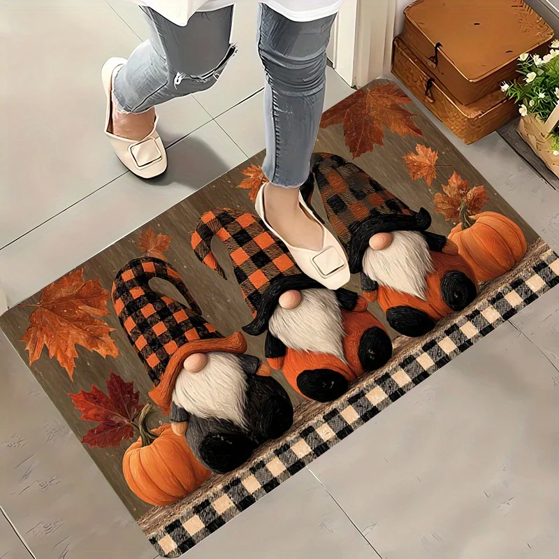 1pc Gnome Pumpkin Autumn Pattern Printed Doormat, Thick and Soft Polyester Floor Mat, Suitable for Indoor/Outdoor Entryway, Li