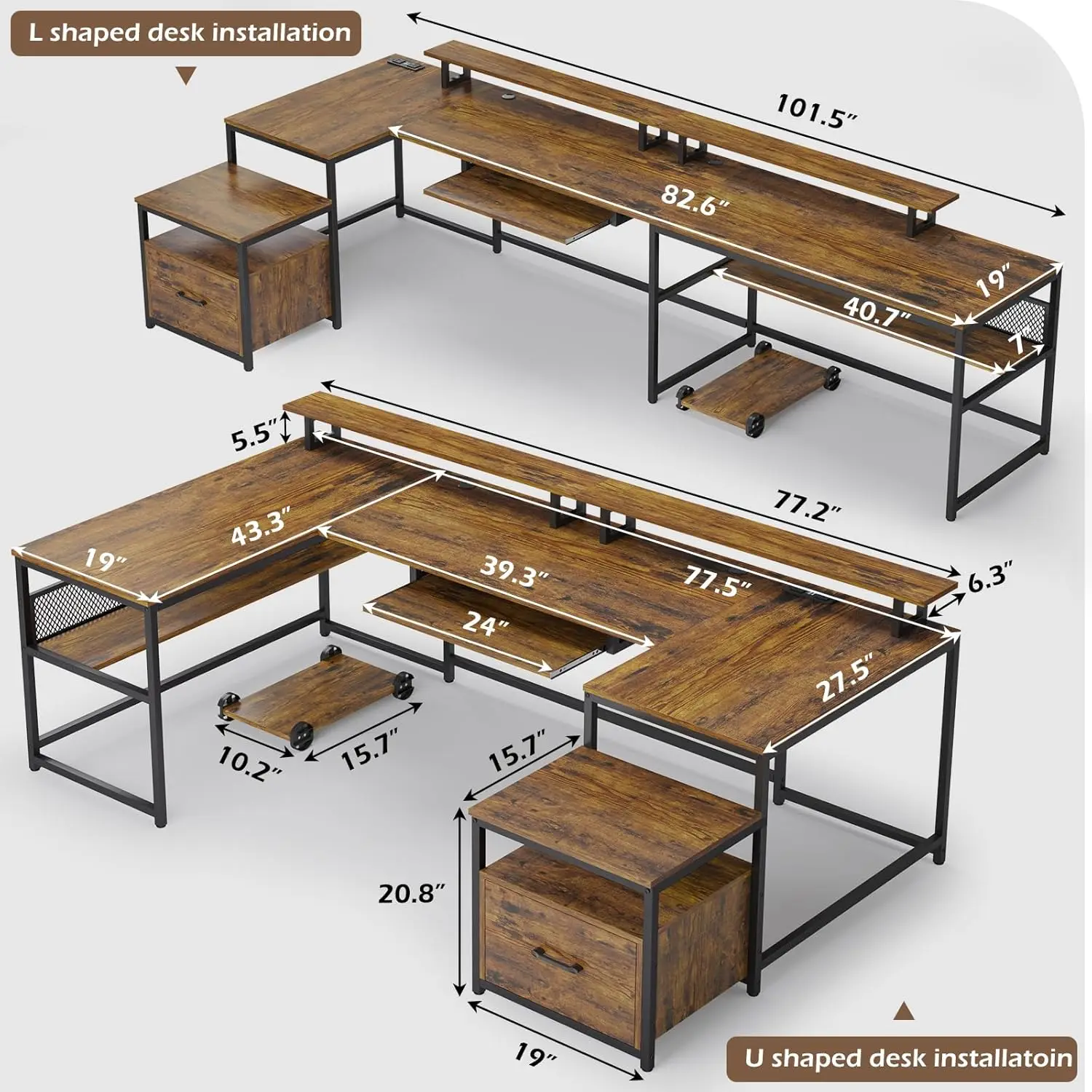 SEDETA U Shaped Desk, Reversible L Shaped Home Office Desk with File Drawer & Power Outlet, 101.5'' Computer Two Person Desk wit