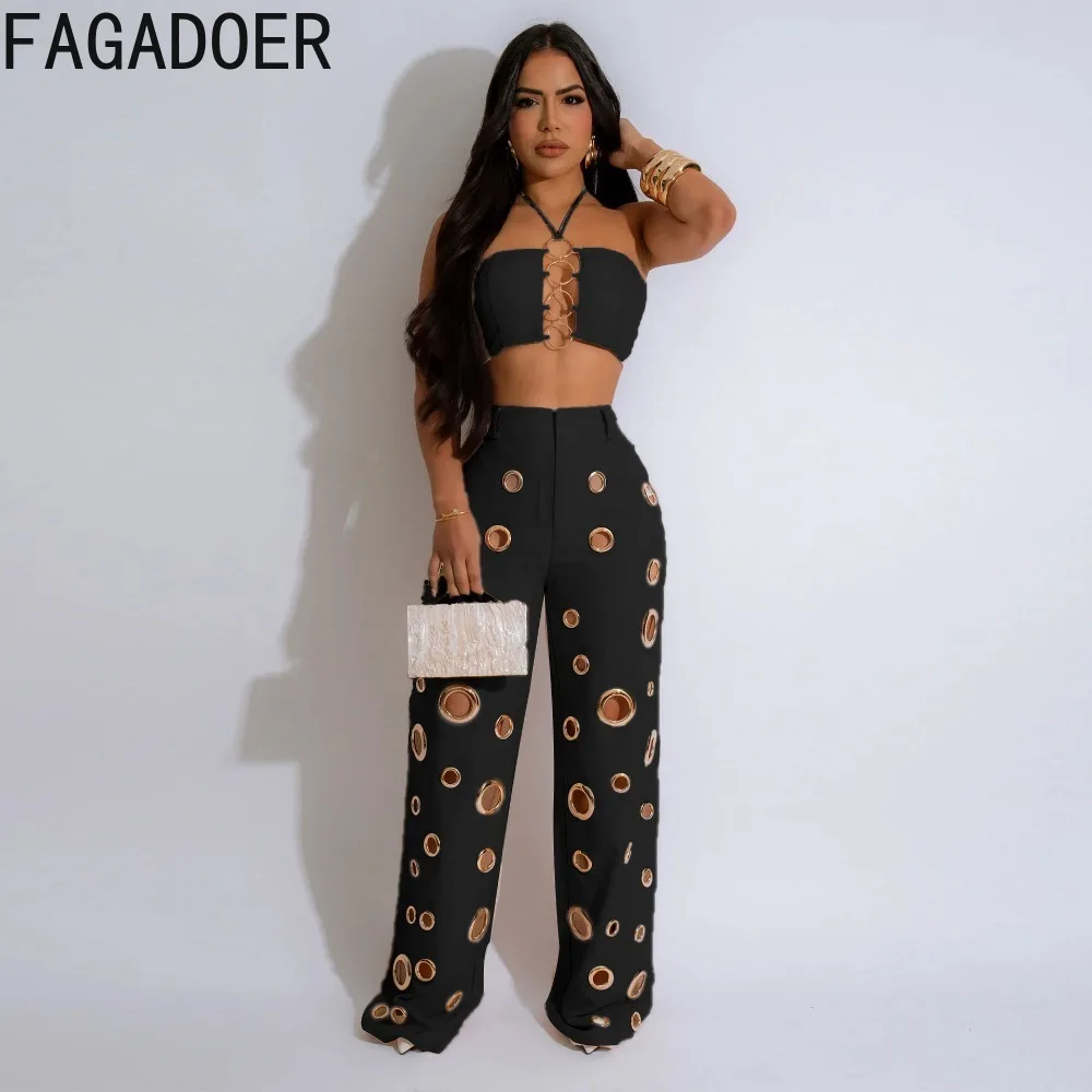 FAGADOER-Haut court et pantalon à jambes larges et dos nu pour femme, ensemble deux pièces sexy, streetwear