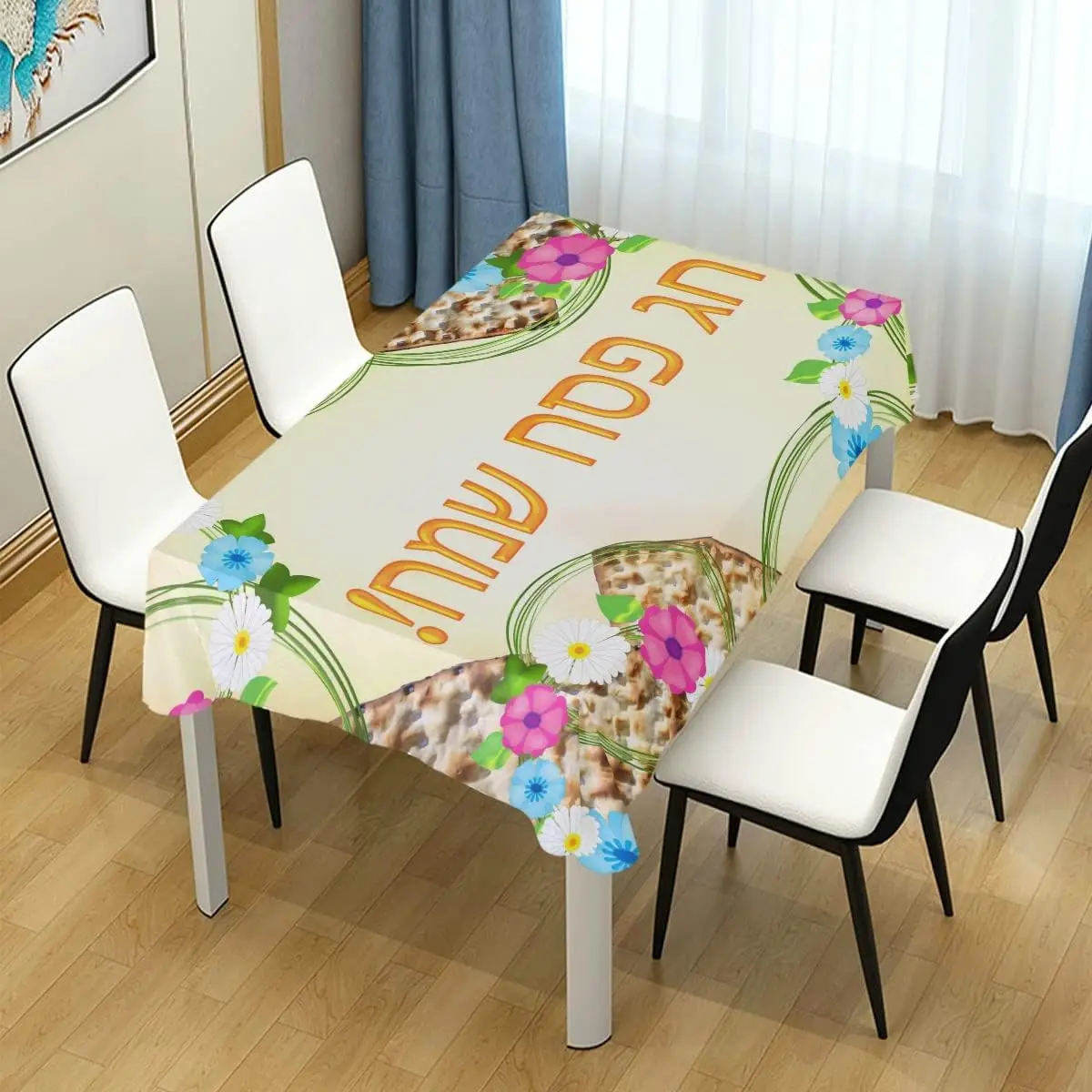 Happy Passover Rectangle Tablecloth for Table Decor Jewish Hebrew Pesach Matzo Flowers Dining Table Cloth Passover Decorations
