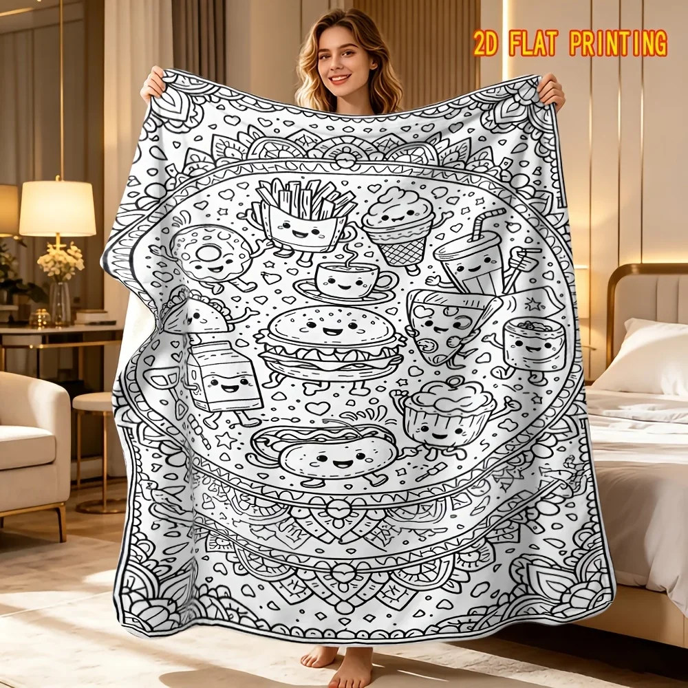 Cute Fast Food Doodle Mandala Throw Blanket Burger Pizza Ice Cream Line Art DIY blanket Soft Flannel Sofa Bed Decor