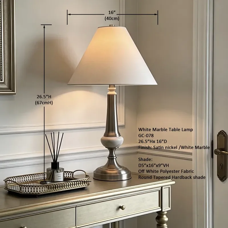 Modern Brushed Silver White Marble Table Lamp with Cone Fabric Shade for Bedroom Living Room Hotel Home Decor Lighting