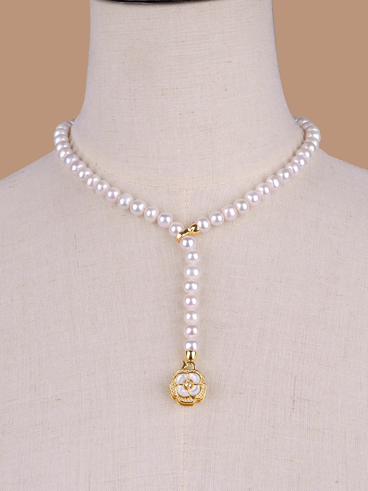 8-9mm shining round flawless vintage nature freshwater Pearl golden plated pendant necklace for Women Girl's choker jewelry