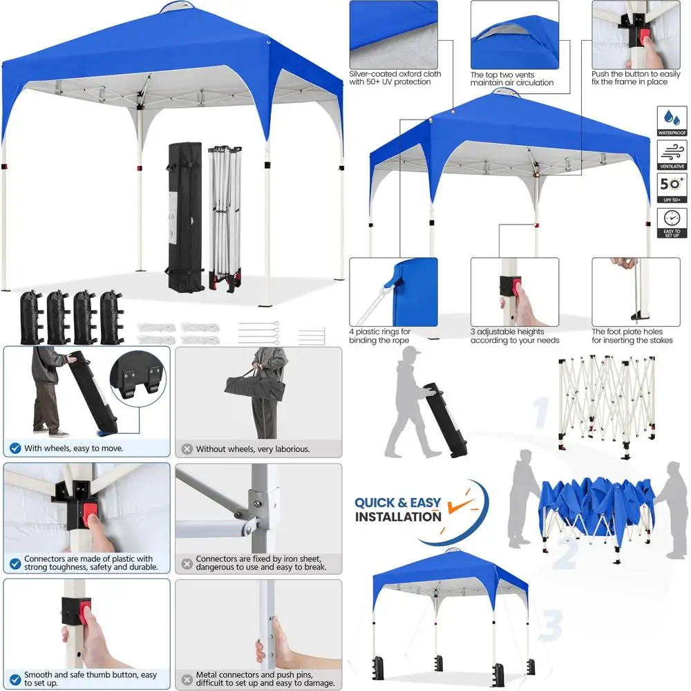 Instant 6.6x6.6ft Pop Up Canopy Tent with Ventilation, Easy Setup, Wheeled Bag, 4 Sandbags, 8 Stakes, Outdoor Sun Shelter Canopy