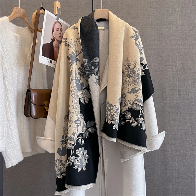 

Роскошный зимний кашемировый шарф с цветочным принтом для женщин, дизайнерское толстое одеяло, пончо, теплая шаль из пашмины, женская бандана Bufanda 2025