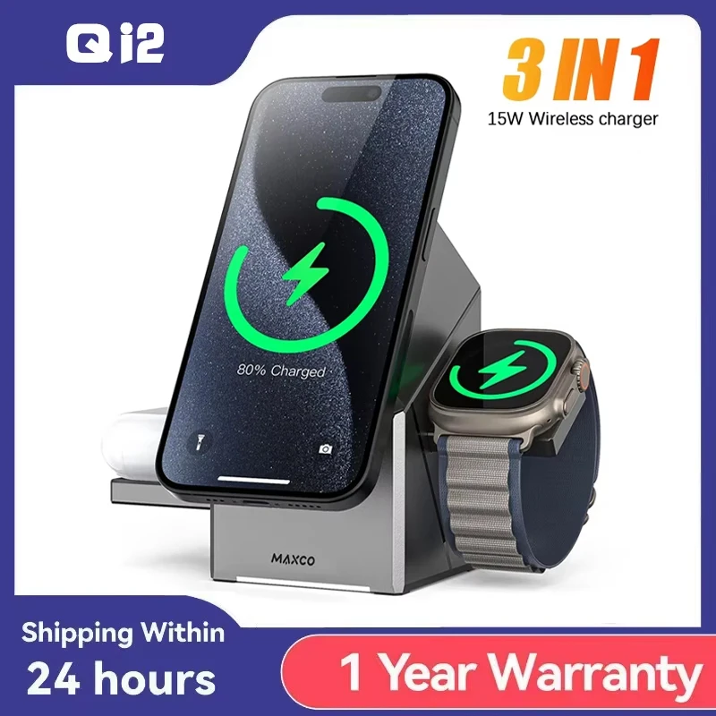 Qi2 3 in 1 15W Fast Wireless Charger Magnetic Charging Stand For iPhone 12 13 14 15 16 Pro Max iWatch 9 8 7 6 5 Airpods 2 3 Pro