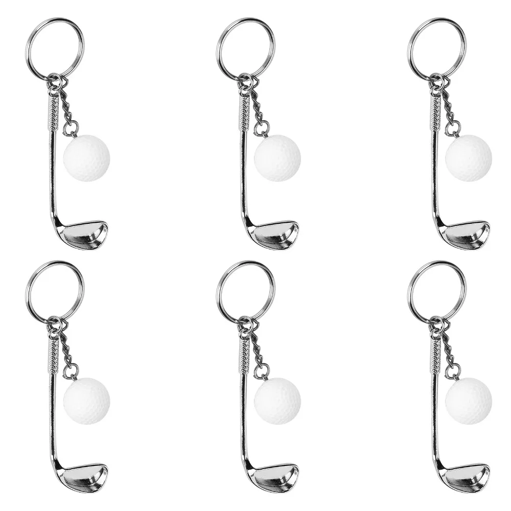 6pcs Electroplating Golf Club Keychain Fashionable Alloy Funny Design Alloy Key Ring Pendant Decoration Golf Ball Keychain