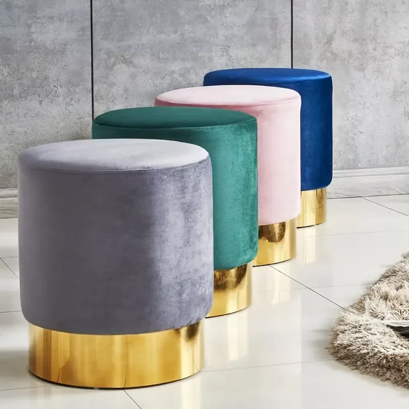 Modern Pink Velvet Round Ottoman Gold Metal Base Footstool Mini Seat for Living Room Custom Fabric Pouf Small Stool Decor