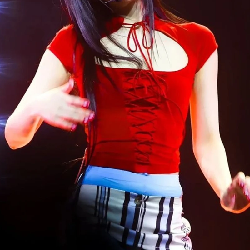 Women's Spring Summer New Red Solid Color Drawstring Hollow Sexy Slanted Shoulder Can Be Wearing Twice Women's Top