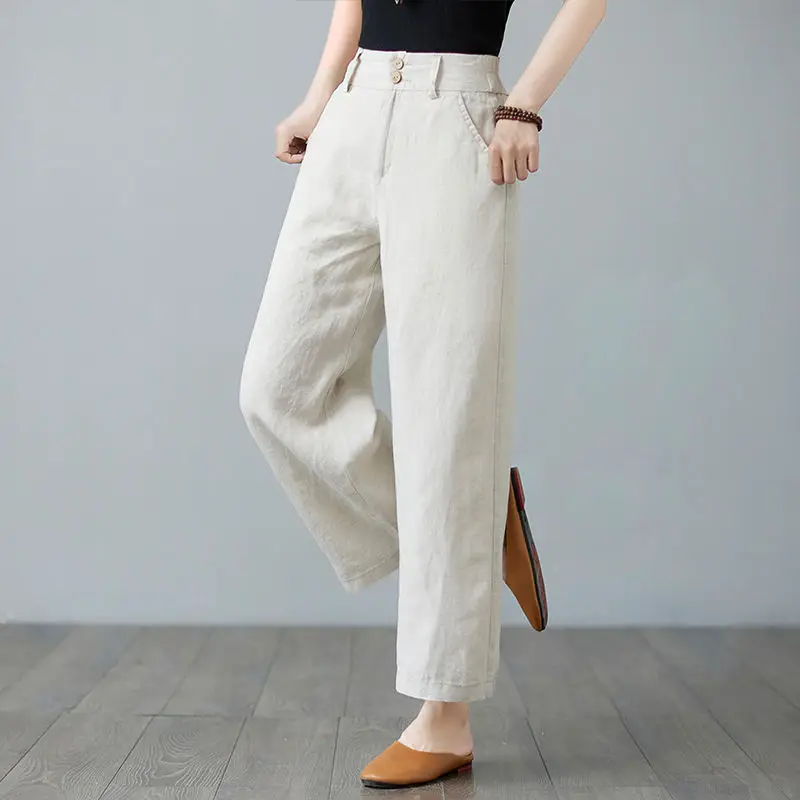 

Women Summer Pants Bottoms Waist Elastic Band Linen Loose Casual Solid Color Cotton And Linen Female Commuting Pants