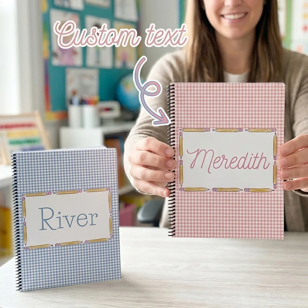 Custom Name School Spiral Notebook,Personalized Grade Text Printing,Wire-O Binding Notepad,Retro Banner Kids Art Cover,