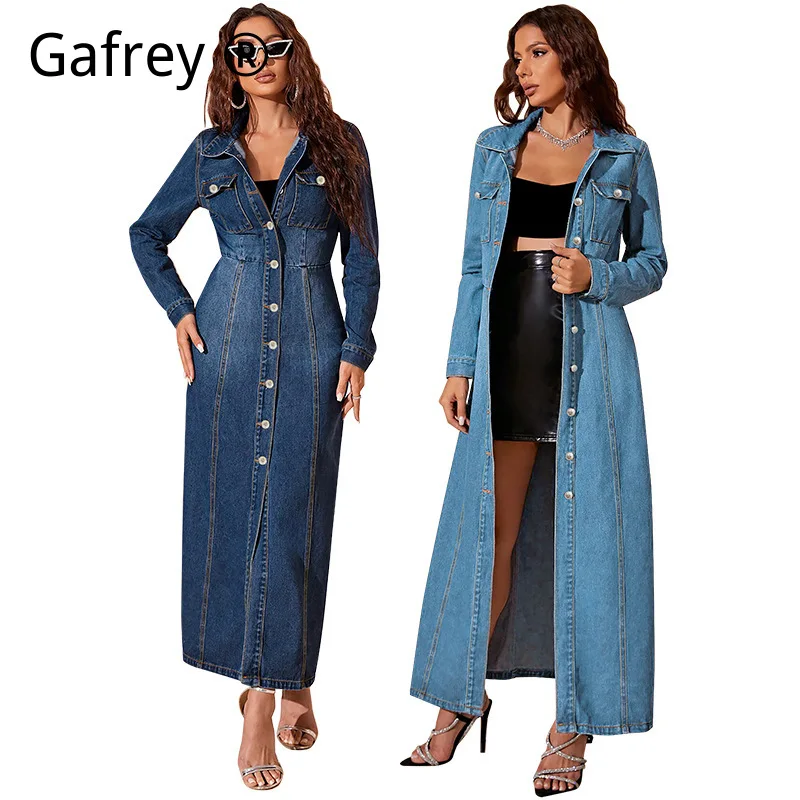 

Women Denim Button Down Shirt Dress Lapel Collar Long Sleeve Casual Loose Fit Jean Jacket Style Dress Vintage Streetwear Outfit