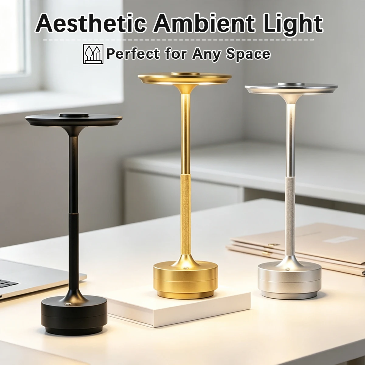 Luxury Metal Disc Table Lamp USB Rechargeable Touch Dimmable Desk Night Light Home Bedroom Bar Hotel Decor Birthday Gift